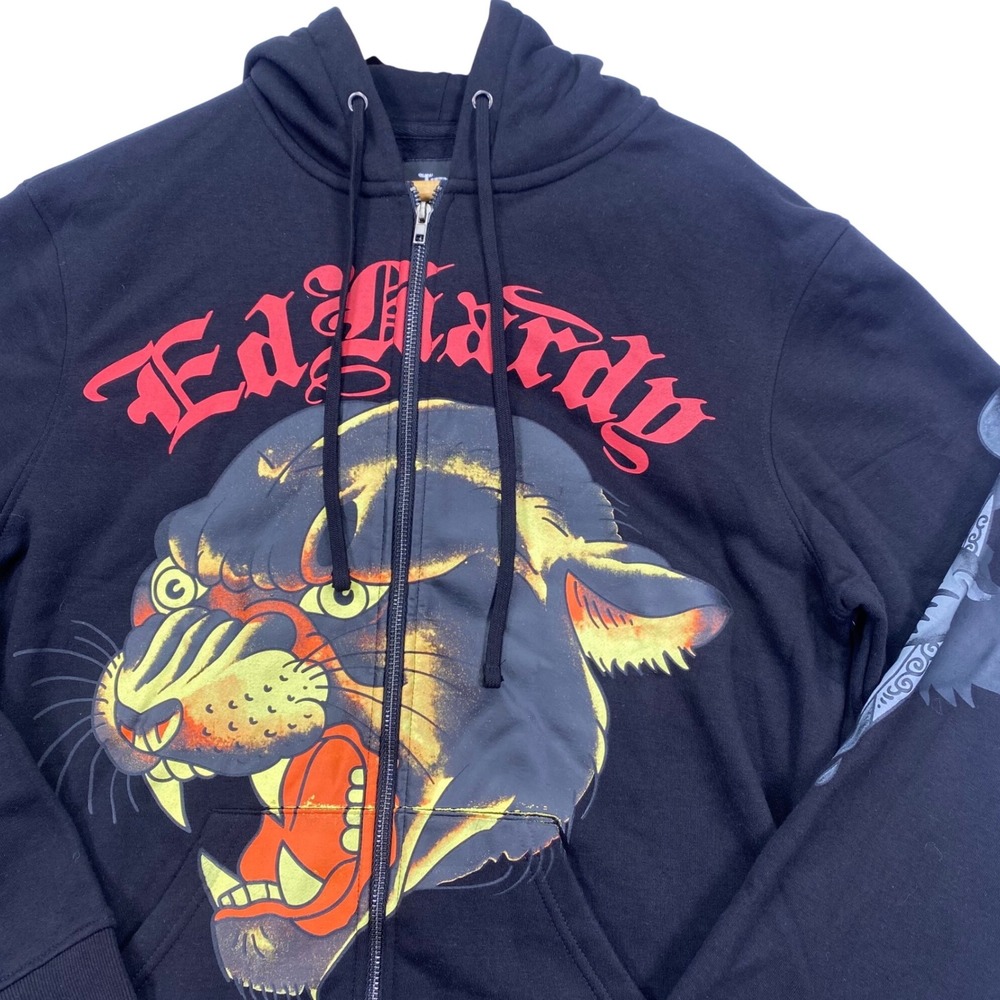 Ed Hardy Zip Up Hoodie Mens L Black Panther Snake Dagger Graphic EHM1301-55 NWT